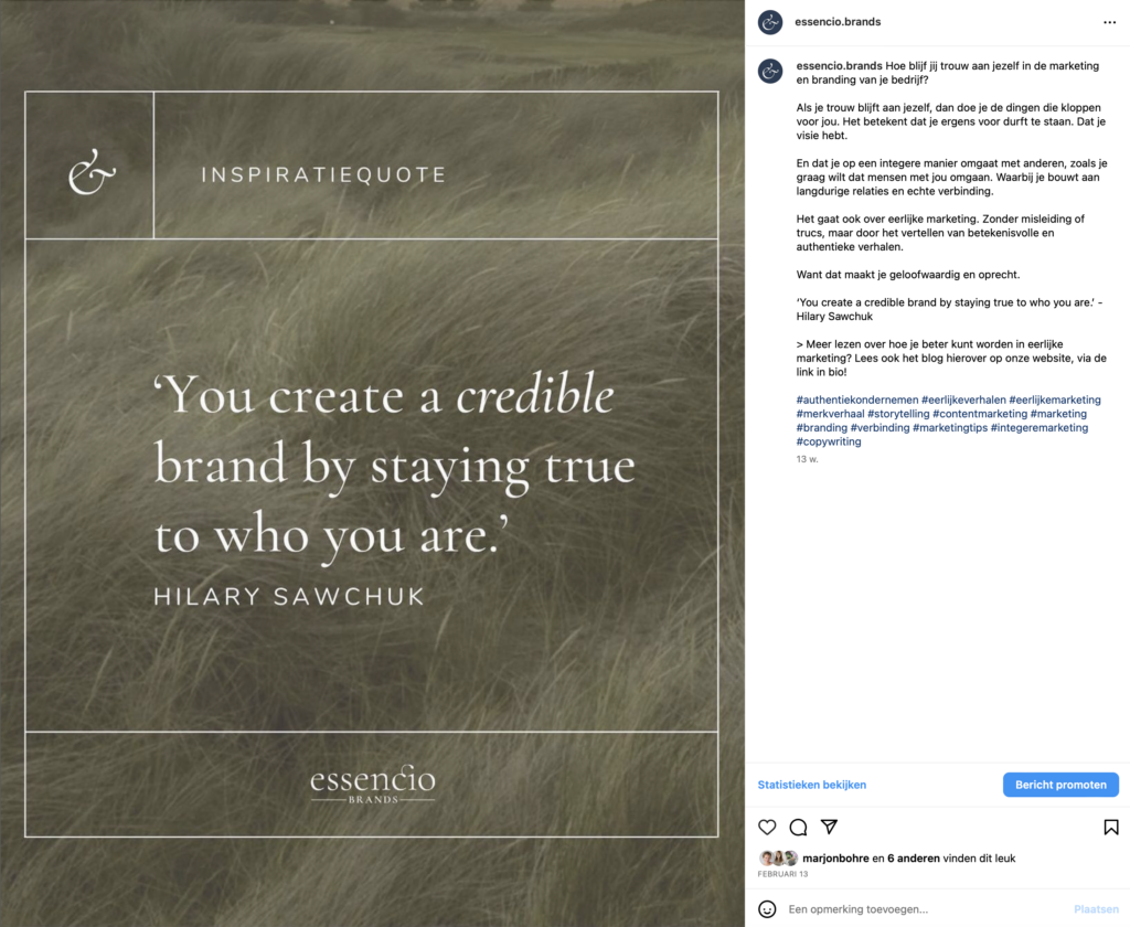 Essencio Brands - instagram voorbeeld format inspiratie quote - blijf trouw aan jezelf